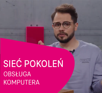 Zdjęcie przedstawia mężczyznę w okularach i fioletowym swetrze. Po lewej stronie znajduje się różowy kształt z tekstem SIEĆ POKOLEŃ OBSŁUGA KOMPUTERA.