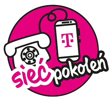 Logo 'Sieć Pokoleń' przedstawiające różowy okrąg z ikonami starego telefonu stacjonarnego i nowoczesnego smartfona z logo T-Mobile, symbolizujące łączność międzypokoleniową.